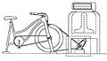 Contoh perangkat bertenaga pedal mekanis: Mesin cuci pedal CCAT oleh Bart Orlando.  Diagram oleh Matt Rhodes.  Sepeda menggerakkan katrol yang dipasang di poros yang menggerakkan transmisi, menggantikan motor yang biasanya menggerakkan agitator
