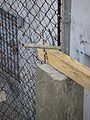 Fig 2: Using a metal pipe and arm power to bend the rebar over the wood frame, as to secure it firmly.