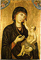 杜乔 (Duccio) 创作的《麦当娜与圣子》，公元 1284 年 这幅画是蛋彩画，一种以鸡蛋为基础的颜料，在木头上涂有金色。 蛋彩画非常耐久，公元一世纪的例子仍然存在。[6]