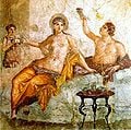 A fresco from a house in the ancient Roman city of Herculaneum. Likely painted with chalk, charcoal and colored earth on damp lime plaster, this style of fresco did not require a binder in the paint to adhere to the wall.[5]